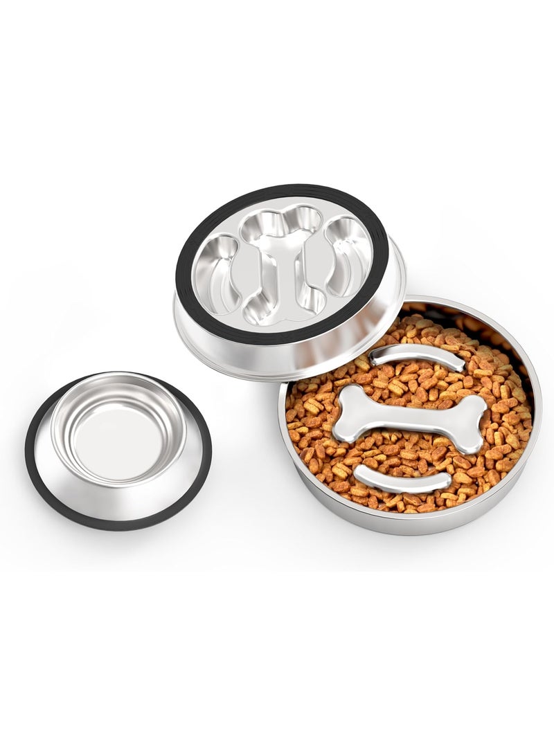 كيت الأطعمة البطيئة للكلاب مجموعة الفولاذ المقاوم للصدأ وعاء طعام الكلاب غير المنزلق للسلالات الصغيرة والمتوسطة الكبيرة 2 ~ 4 أكواب وعاء الأطعمة البطيئة للكلاب للأكل السريع يبطئ أسفل الأكل وعاء طعام الكلاب وأوعاء المياه الكلاب 2Packs - Image 1